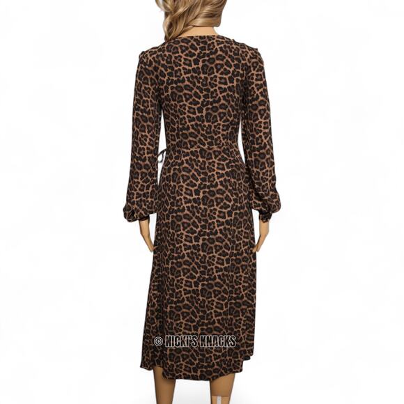 H&M Leopard Print Wrap Midi Dress Long Sleeve Textured Brown & Black Size 0 - Picture 6 of 9